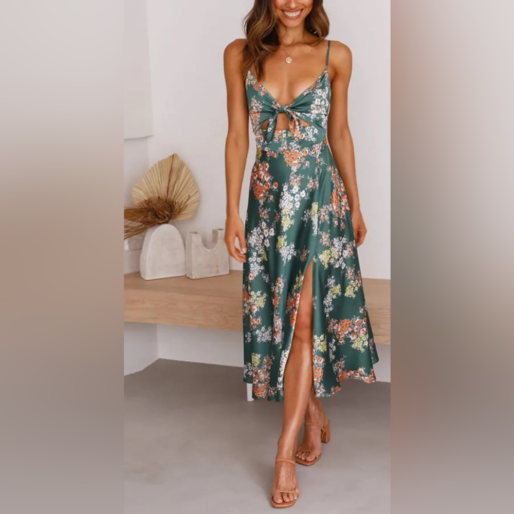 Satin Floral Tie Up Slit Midi Dress